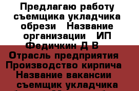 Предлагаю работу съемщика-укладчика обрези › Название организации ­ ИП Федичкин Д.В. › Отрасль предприятия ­ Производство кирпича › Название вакансии ­ съемщик-укладчика обрези › Место работы ­ Краснознаменная, 55 › Минимальный оклад ­ 12 000 - Свердловская обл., Нижний Тагил г. Работа » Вакансии   